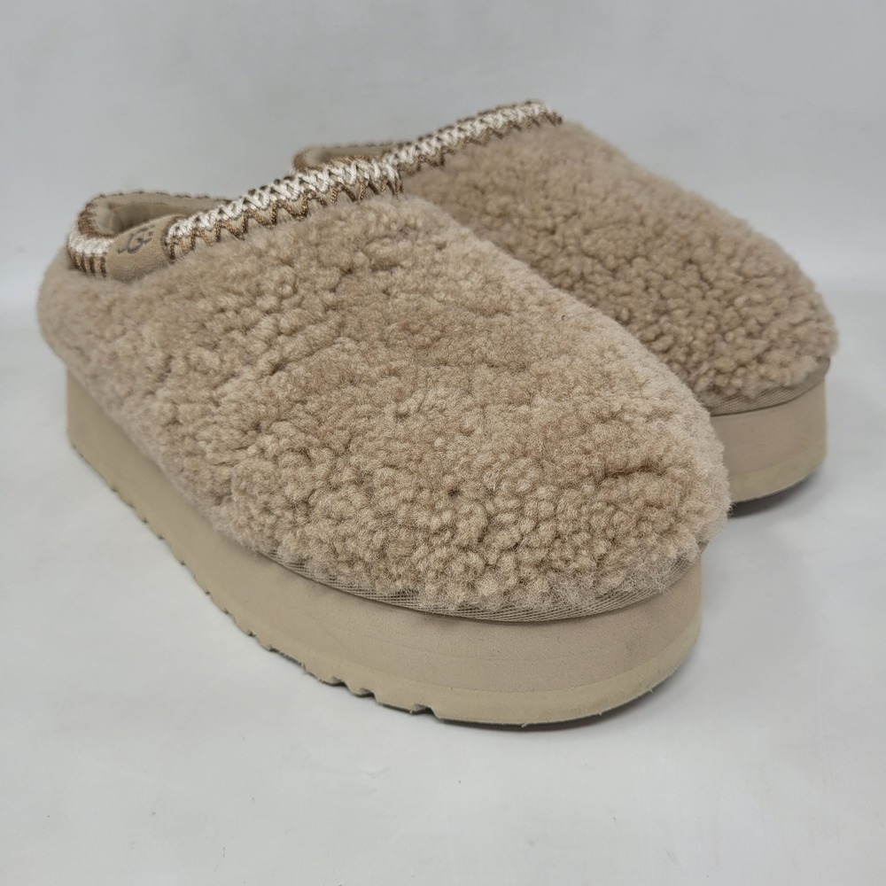 UGG Slippers 6 Tazz Maxi Curly Sheepskin Platform Mules Slip On Sand Tan 1167770